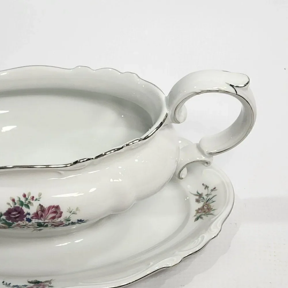 Crown‎ Bavaria Gravy Boat w Attached Underplate Germany Silver Trim Bouquet
